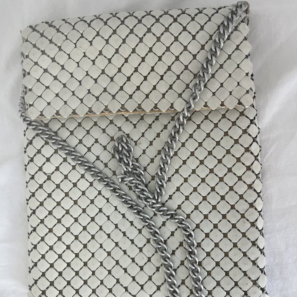 Whiting and Davis CO mesh white metal beaded clutch with chain